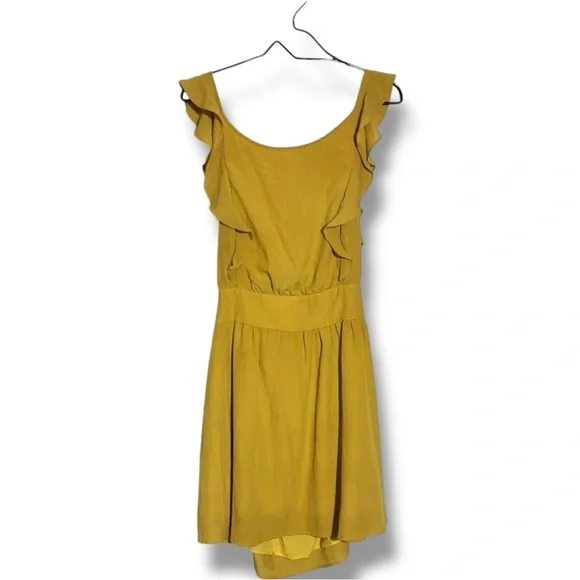 Ivy Chic Mustard Ruffle Sleeves Gathered Waist Cutout Tie Back Mini Dress - Picture 12 of 16